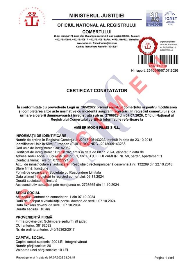 Exemplu de certificat constatator emis de ONRC
